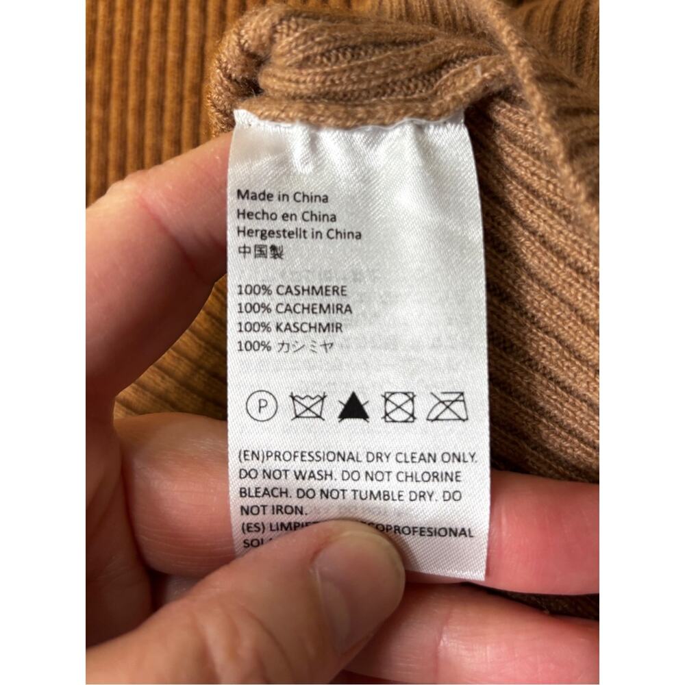 State Cashmere Ribbed Knit Fitted V-neck Cashmere Sweater Camel Brown M - Picture 3 of 4